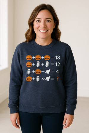 Halloween Math Teacher Sweatshirt, Pumpkin Ghost Cat Equation Puzzle Crewneck for Classroom Fun