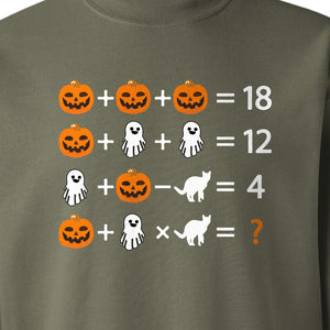 Halloween Math Teacher Sweatshirt, Pumpkin Ghost Cat Equation Puzzle Crewneck for Classroom Fun