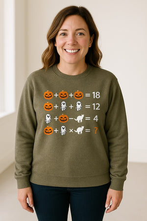 Halloween Math Teacher Sweatshirt, Pumpkin Ghost Cat Equation Puzzle Crewneck for Classroom Fun