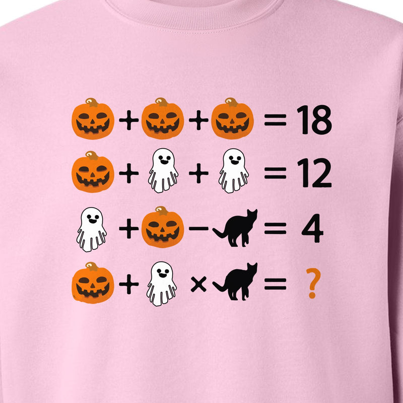 Halloween Math Teacher Sweatshirt, Pumpkin Ghost Cat Equation Puzzle Crewneck for Classroom Fun