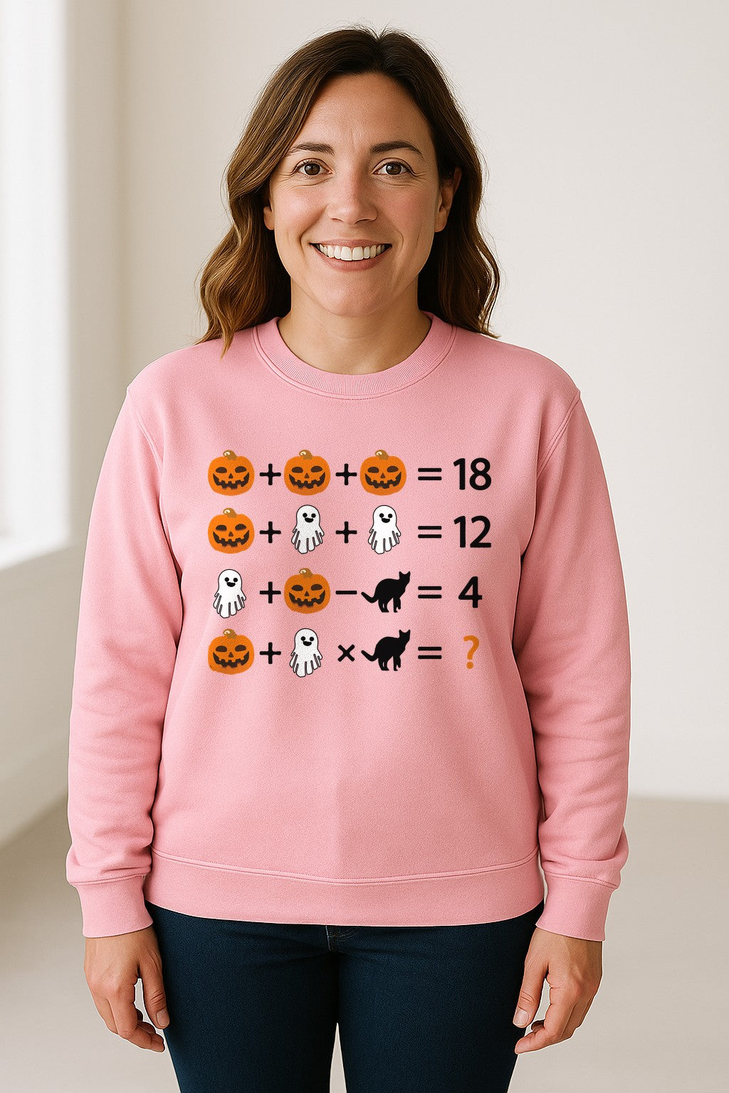 Halloween Math Teacher Sweatshirt, Pumpkin Ghost Cat Equation Puzzle Crewneck for Classroom Fun
