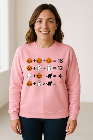 Halloween Math Teacher Sweatshirt, Pumpkin Ghost Cat Equation Puzzle Crewneck for Classroom Fun