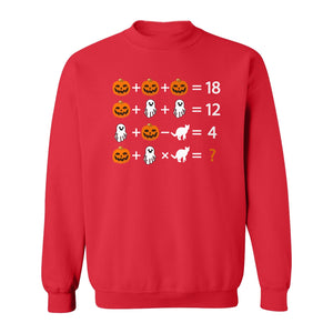Halloween Math Teacher Sweatshirt, Pumpkin Ghost Cat Equation Puzzle Crewneck for Classroom Fun