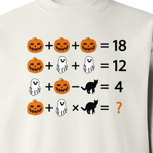 Halloween Math Teacher Sweatshirt, Pumpkin Ghost Cat Equation Puzzle Crewneck for Classroom Fun