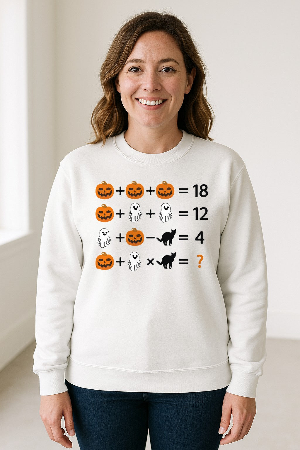 Halloween Math Teacher Sweatshirt, Pumpkin Ghost Cat Equation Puzzle Crewneck for Classroom Fun