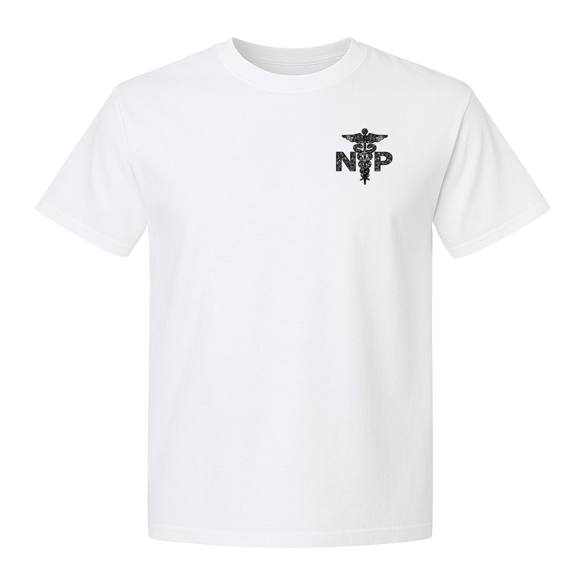 Nurse Practitioner T-Shirt, Distressed NP Caduceus Left Chest Design for Medical Professionals