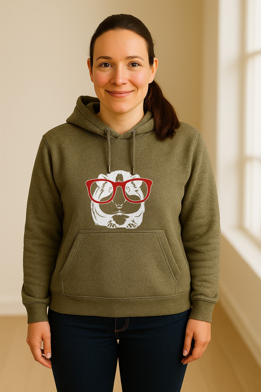 Guinea Pig Hoodie with Glasses, Funny Fluffy Animal Pullover for Pet Owners and Adult Birthdays