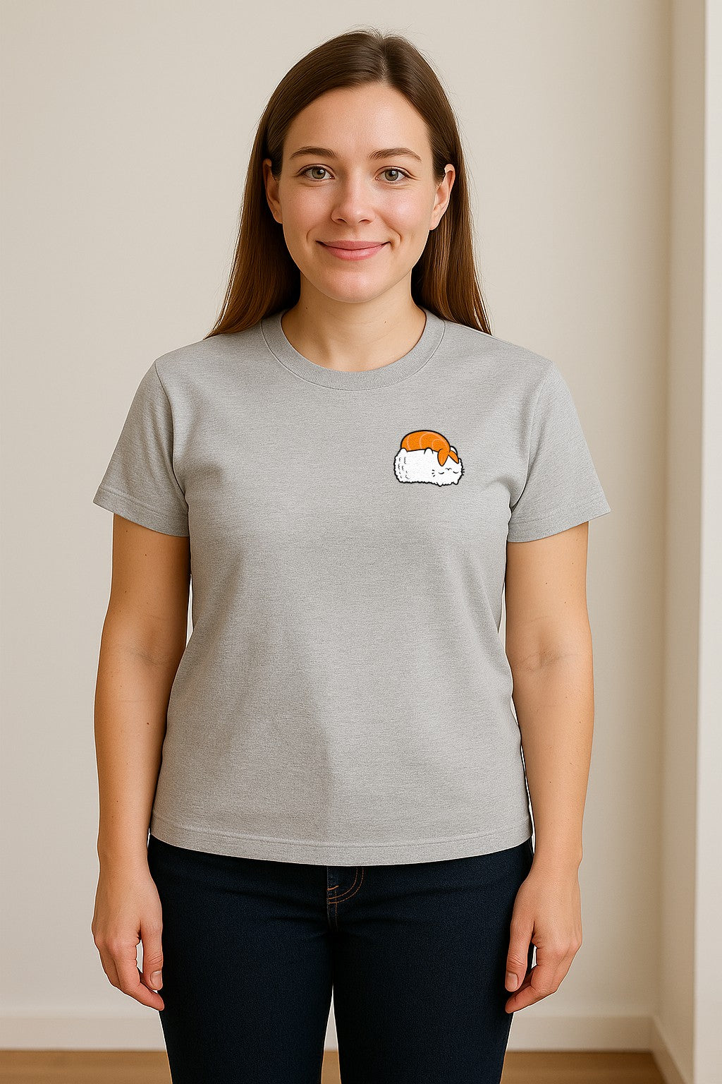 Sushi Cat T-Shirt, Kawaii Cartoon Left Chest Graphic for Japanese Food Lovers and Foodie Gifts
