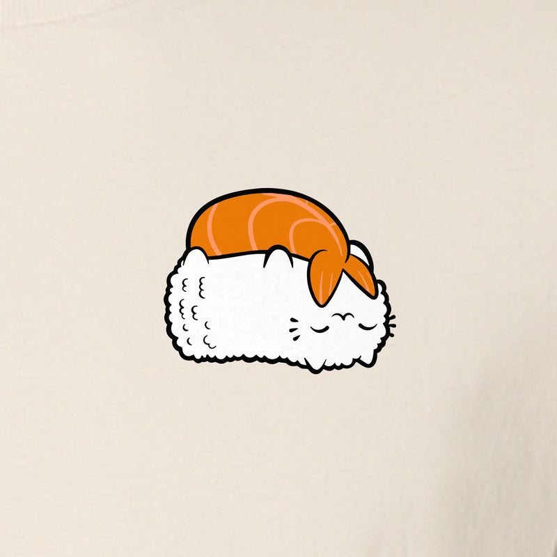 Sushi Cat T-Shirt, Kawaii Cartoon Left Chest Graphic for Japanese Food Lovers and Foodie Gifts
