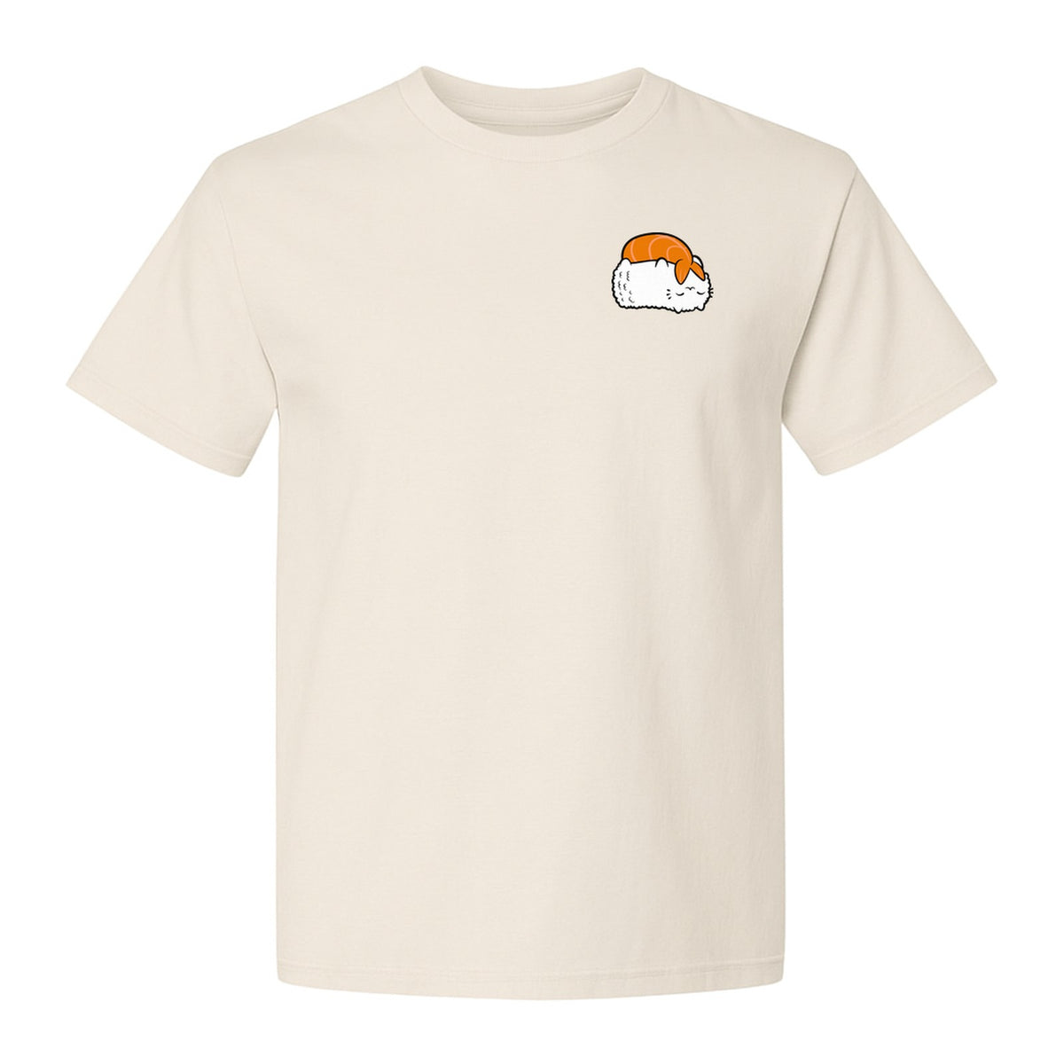Sushi Cat T-Shirt, Kawaii Cartoon Left Chest Graphic for Japanese Food Lovers and Foodie Gifts