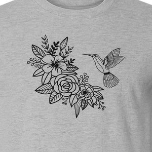 Hummingbird T-Shirt, Botanical Line Art Flower Design for Bird Watchers and Garden Lovers
