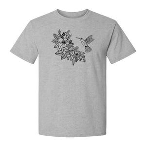 Hummingbird T-Shirt, Botanical Line Art Flower Design for Bird Watchers and Garden Lovers