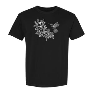Hummingbird T-Shirt, Botanical Line Art Flower Design for Bird Watchers and Garden Lovers