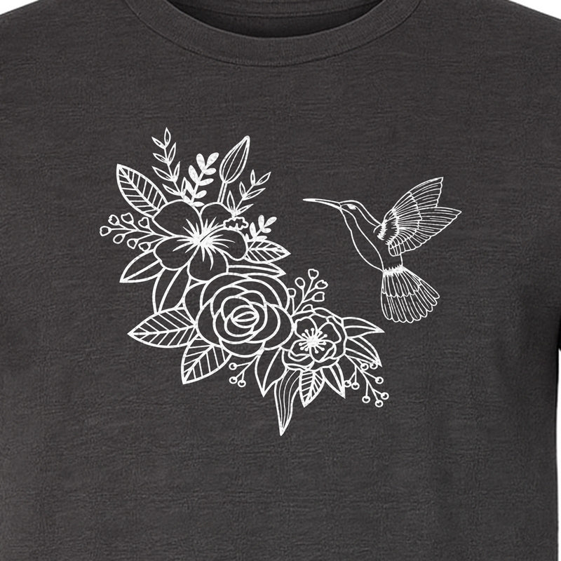Hummingbird T-Shirt, Botanical Line Art Flower Design for Bird Watchers and Garden Lovers