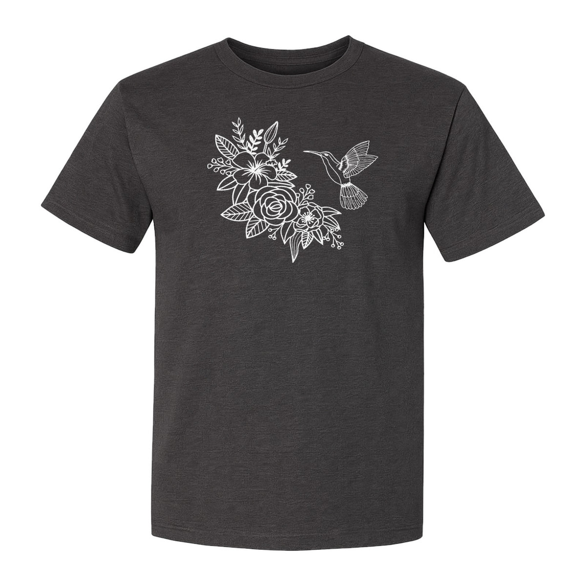 Hummingbird T-Shirt, Botanical Line Art Flower Design for Bird Watchers and Garden Lovers