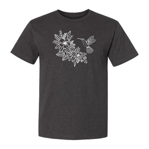 Hummingbird T-Shirt, Botanical Line Art Flower Design for Bird Watchers and Garden Lovers