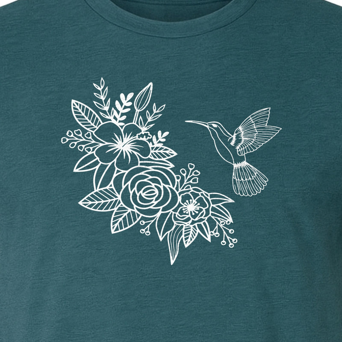 Hummingbird T-Shirt, Botanical Line Art Flower Design for Bird Watchers and Garden Lovers