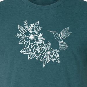 Hummingbird T-Shirt, Botanical Line Art Flower Design for Bird Watchers and Garden Lovers