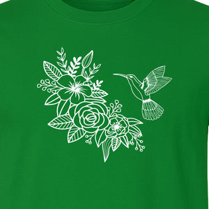 Hummingbird T-Shirt, Botanical Line Art Flower Design for Bird Watchers and Garden Lovers