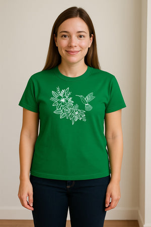 Hummingbird T-Shirt, Botanical Line Art Flower Design for Bird Watchers and Garden Lovers