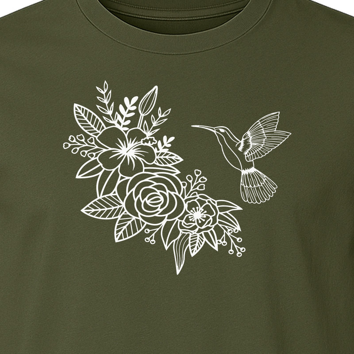 Hummingbird T-Shirt, Botanical Line Art Flower Design for Bird Watchers and Garden Lovers