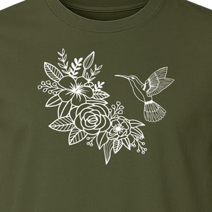 Hummingbird T-Shirt, Botanical Line Art Flower Design for Bird Watchers and Garden Lovers