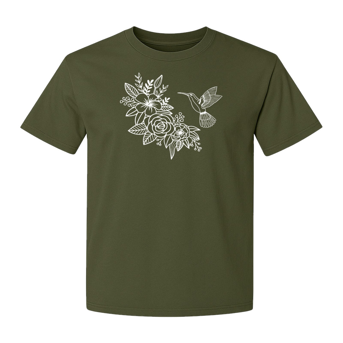 Hummingbird T-Shirt, Botanical Line Art Flower Design for Bird Watchers and Garden Lovers