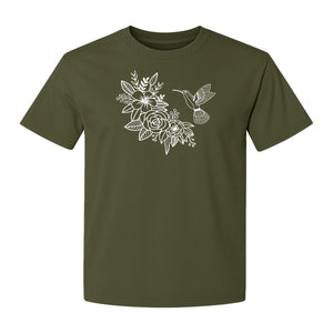 Hummingbird T-Shirt, Botanical Line Art Flower Design for Bird Watchers and Garden Lovers