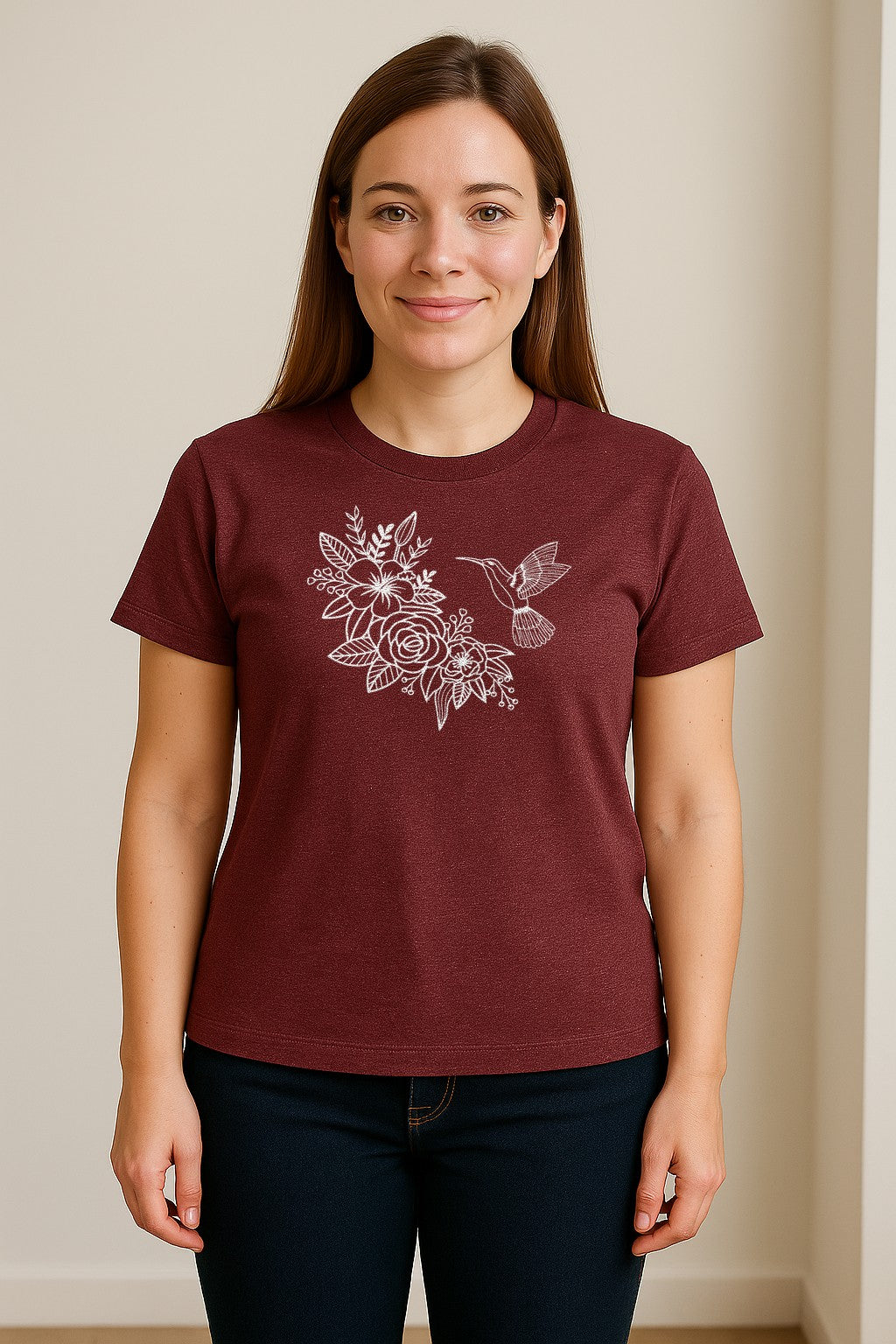 Hummingbird T-Shirt, Botanical Line Art Flower Design for Bird Watchers and Garden Lovers