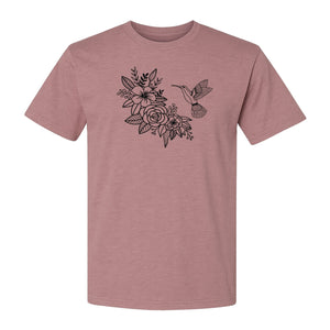 Hummingbird T-Shirt, Botanical Line Art Flower Design for Bird Watchers and Garden Lovers
