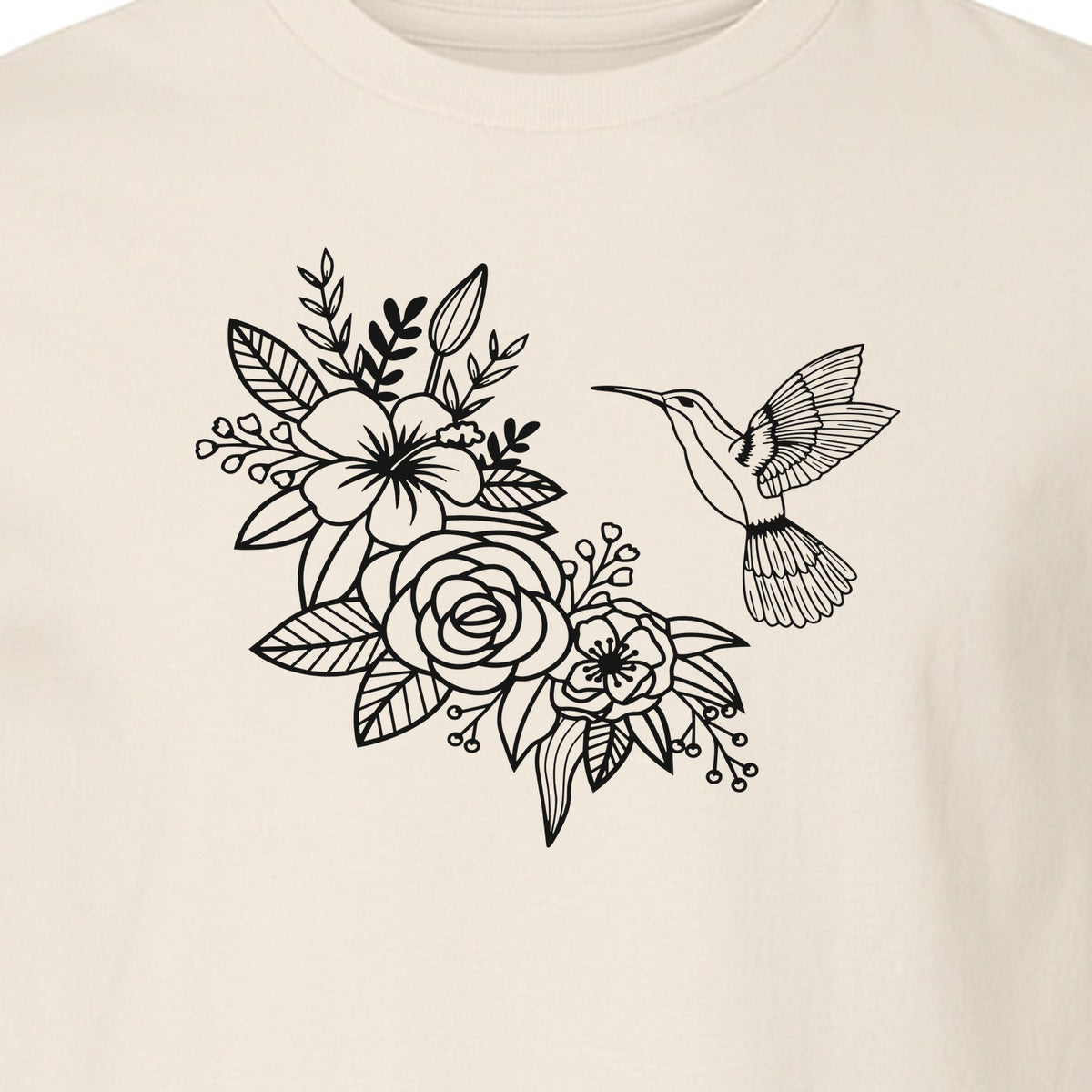 Hummingbird T-Shirt, Botanical Line Art Flower Design for Bird Watchers and Garden Lovers