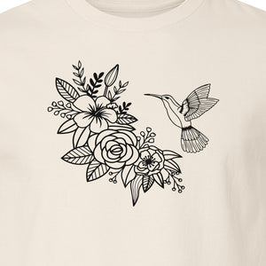 Hummingbird T-Shirt, Botanical Line Art Flower Design for Bird Watchers and Garden Lovers