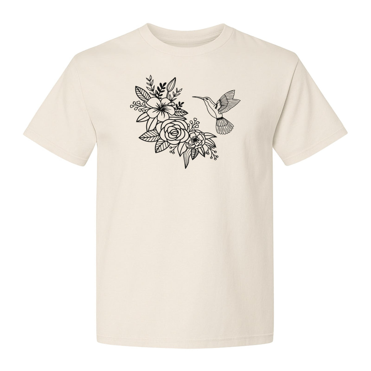 Hummingbird T-Shirt, Botanical Line Art Flower Design for Bird Watchers and Garden Lovers