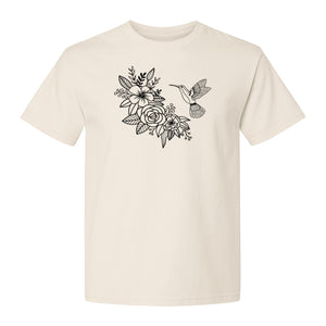 Hummingbird T-Shirt, Botanical Line Art Flower Design for Bird Watchers and Garden Lovers