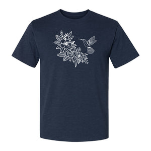 Hummingbird T-Shirt, Botanical Line Art Flower Design for Bird Watchers and Garden Lovers