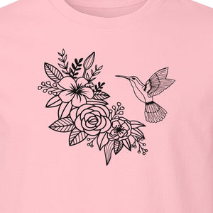 Hummingbird T-Shirt, Botanical Line Art Flower Design for Bird Watchers and Garden Lovers