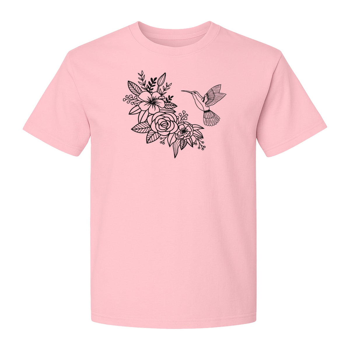 Hummingbird T-Shirt, Botanical Line Art Flower Design for Bird Watchers and Garden Lovers