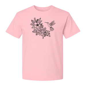 Hummingbird T-Shirt, Botanical Line Art Flower Design for Bird Watchers and Garden Lovers