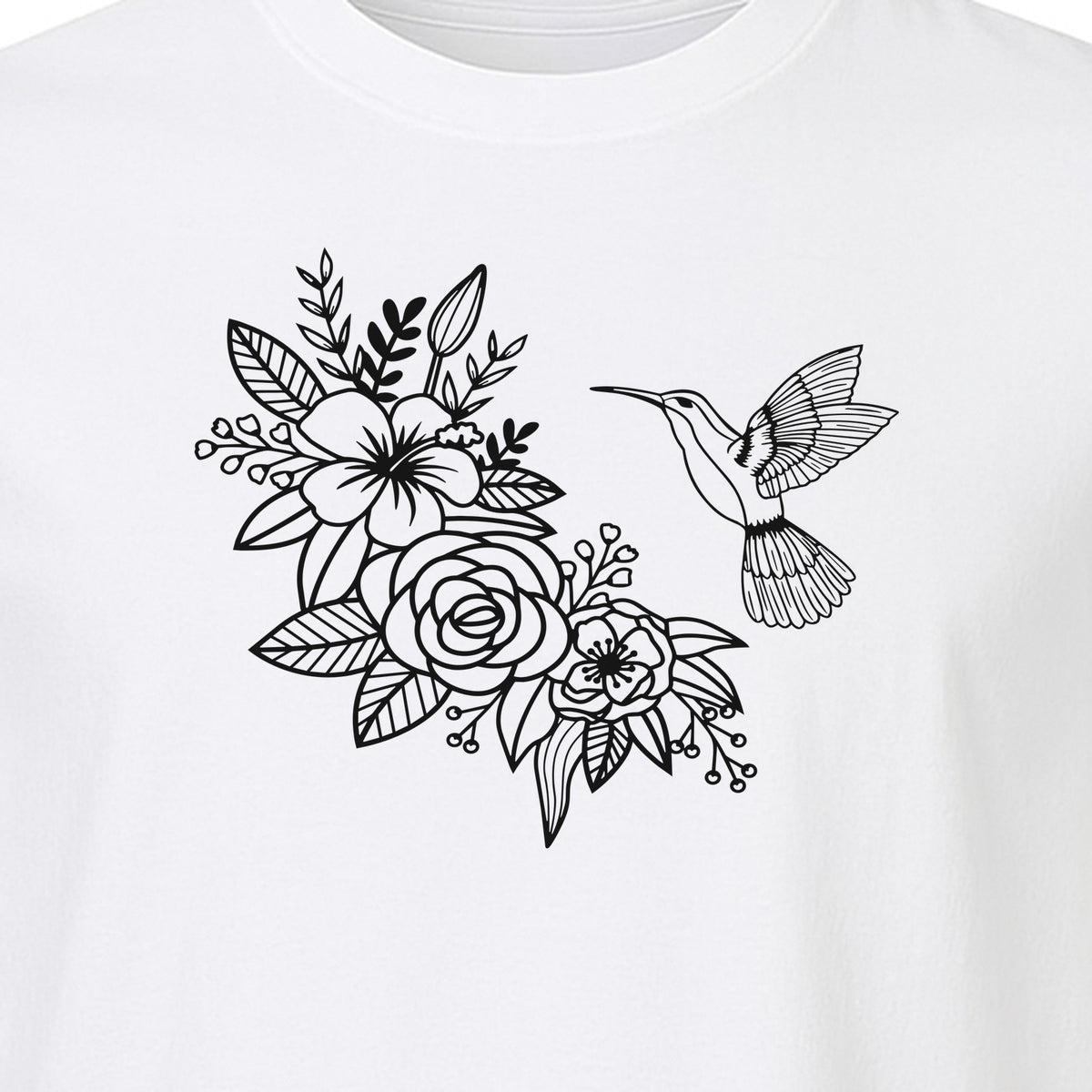 Hummingbird T-Shirt, Botanical Line Art Flower Design for Bird Watchers and Garden Lovers