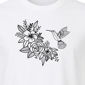 Hummingbird T-Shirt, Botanical Line Art Flower Design for Bird Watchers and Garden Lovers