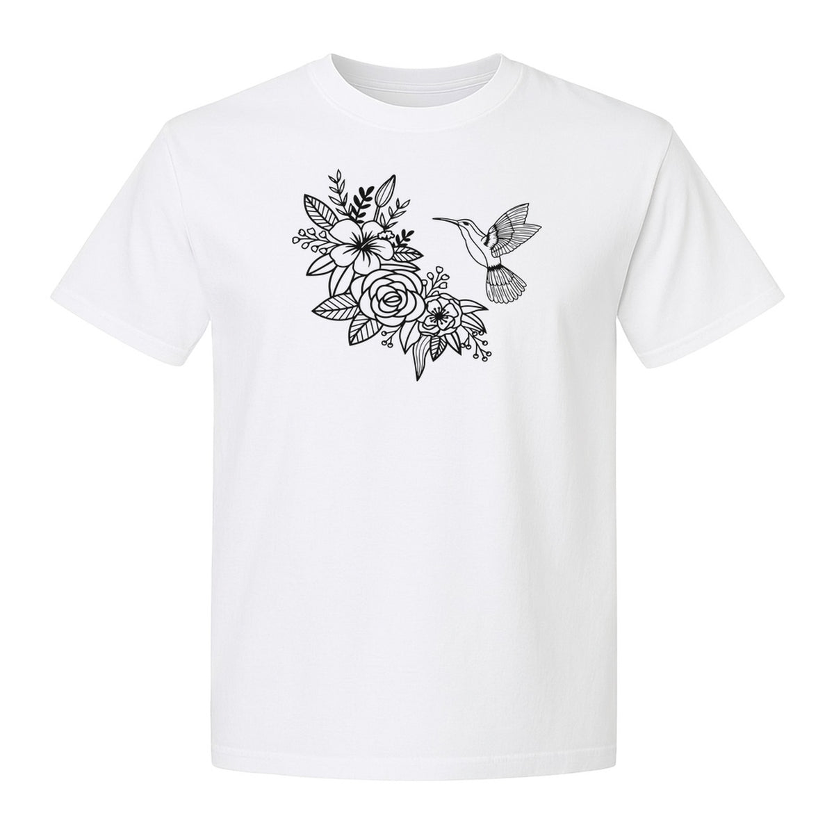 Hummingbird T-Shirt, Botanical Line Art Flower Design for Bird Watchers and Garden Lovers