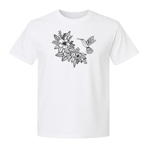 Hummingbird T-Shirt, Botanical Line Art Flower Design for Bird Watchers and Garden Lovers
