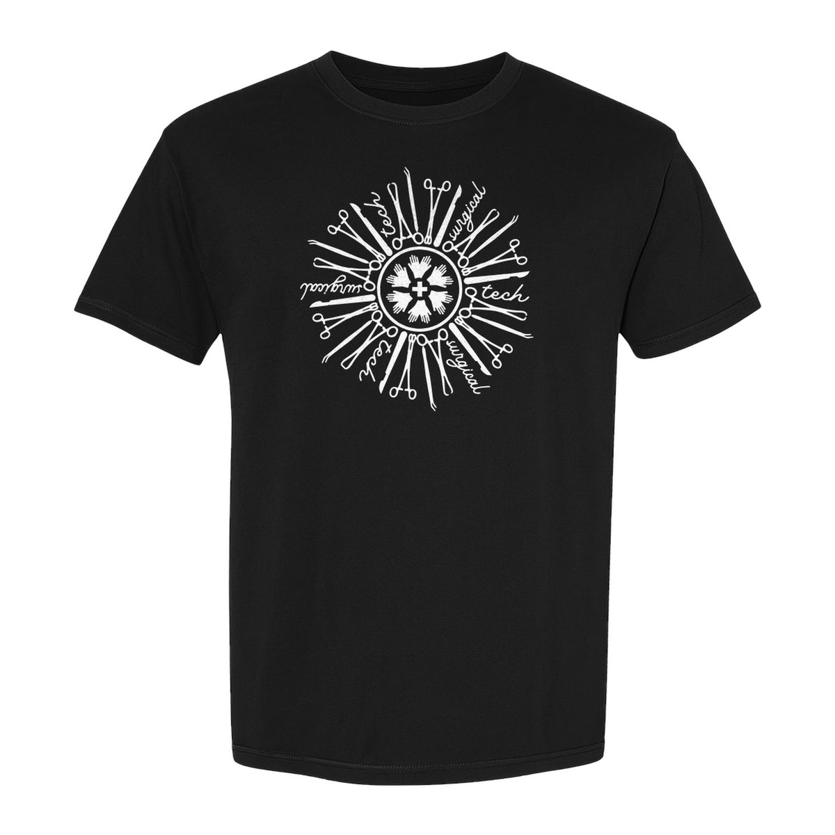 Surgical Tech T-Shirt, White Instrument Circle Design for Operating Room Technologists