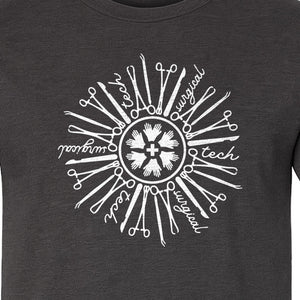 Surgical Tech T-Shirt, White Instrument Circle Design for Operating Room Technologists