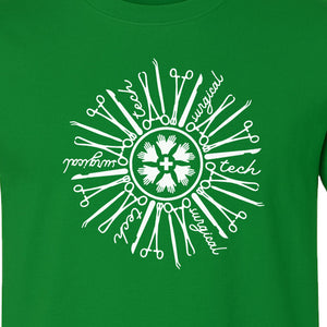 Surgical Tech T-Shirt, White Instrument Circle Design for Operating Room Technologists