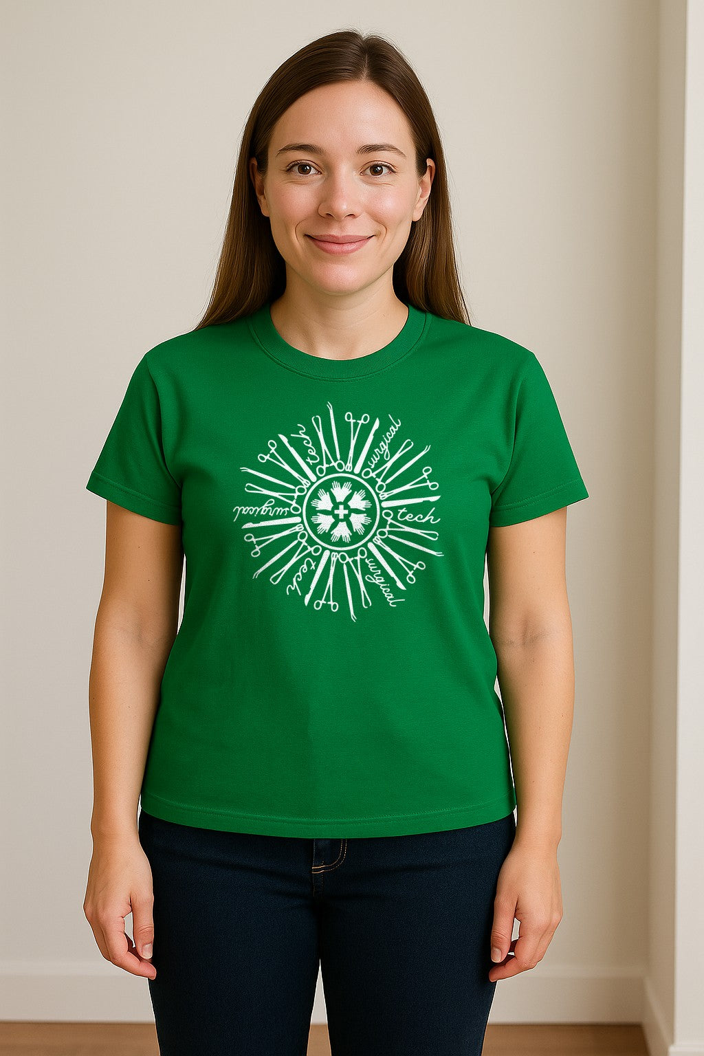 Surgical Tech T-Shirt, White Instrument Circle Design for Operating Room Technologists