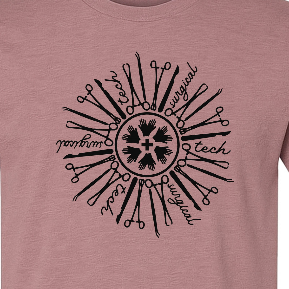 Surgical Tech T-Shirt, White Instrument Circle Design for Operating Room Technologists