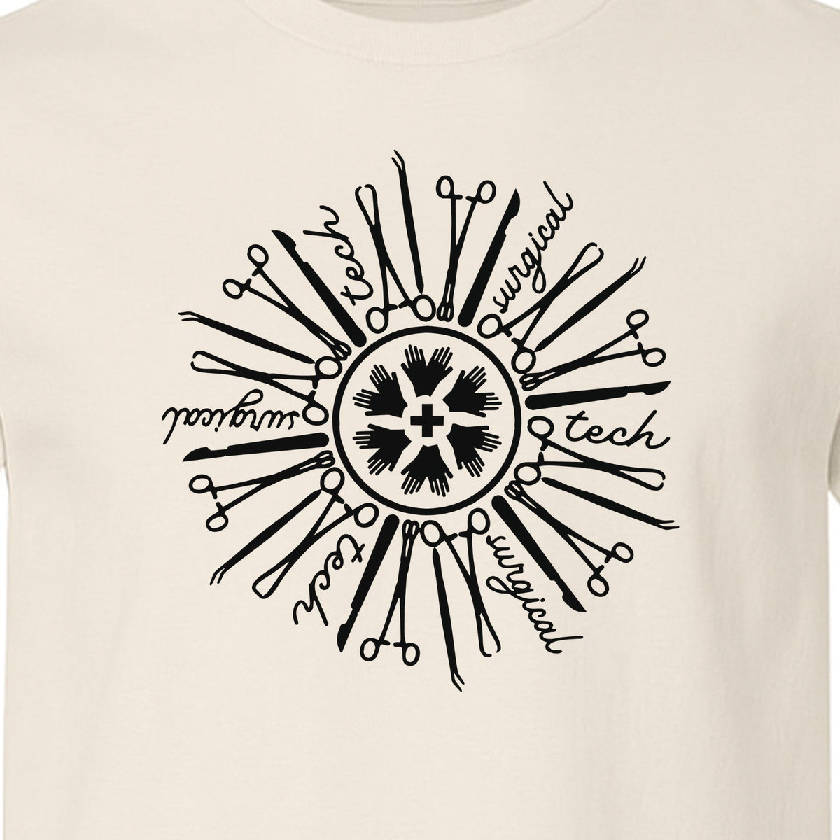 Surgical Tech T-Shirt, White Instrument Circle Design for Operating Room Technologists