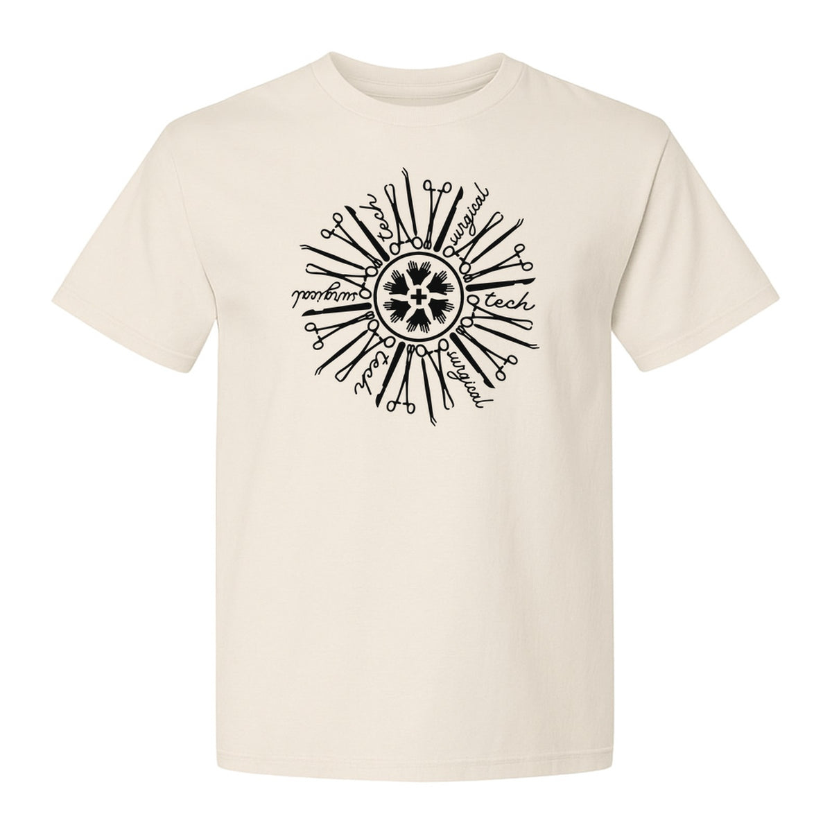 Surgical Tech T-Shirt, White Instrument Circle Design for Operating Room Technologists