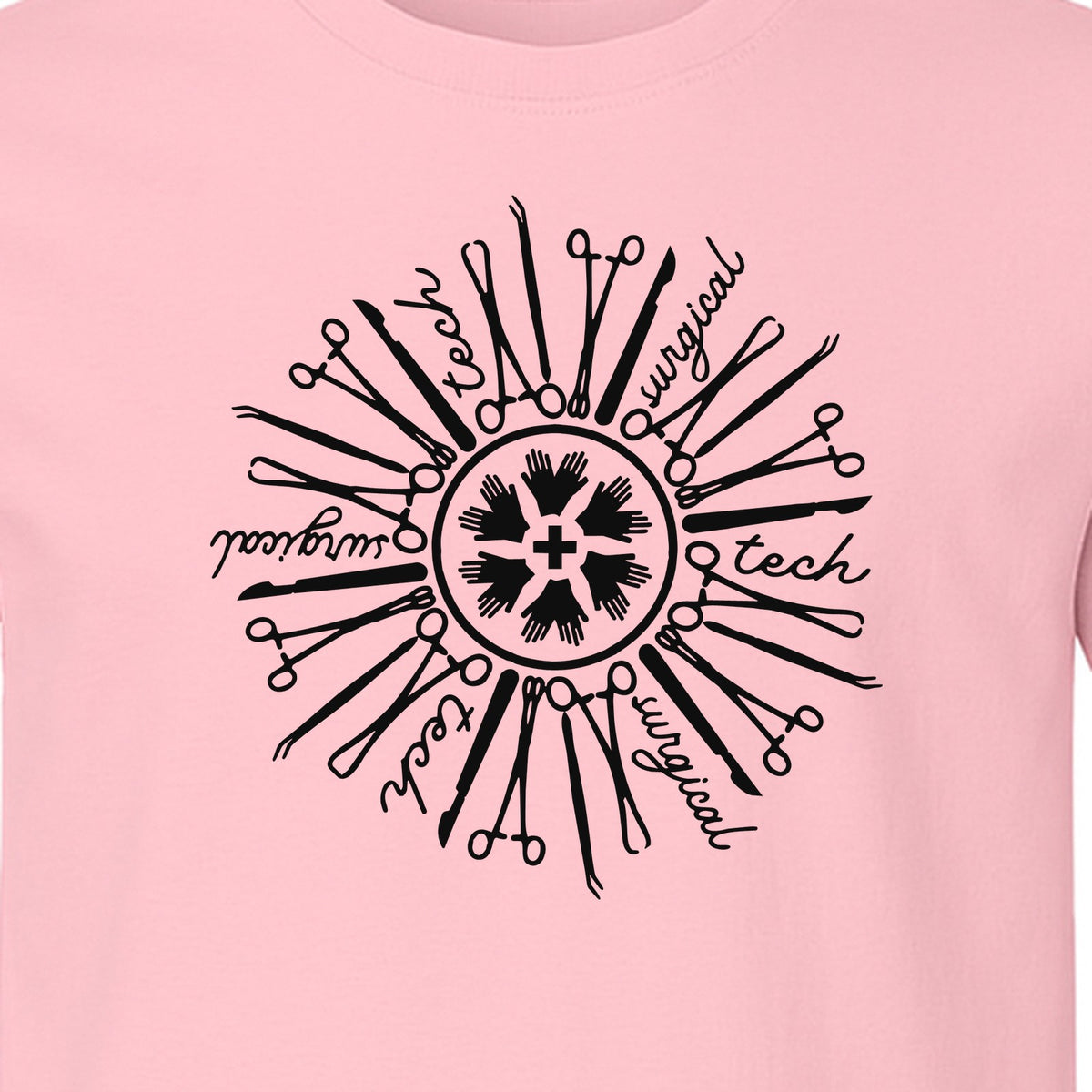 Surgical Tech T-Shirt, White Instrument Circle Design for Operating Room Technologists